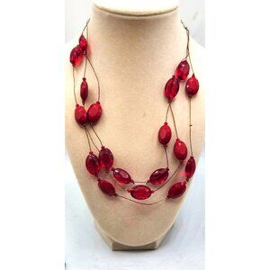 Triple Strand Floating Red Bead Necklace - 16" - Adjustable